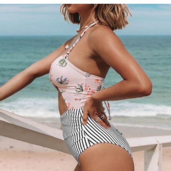 NWOT Cupshe Pink Floral Twist Front Striped Halter One Piece Cutout Swimsuit, M - Picture 3 of 14